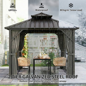 10' x 10' rigid roof gazebo with double galvanized steel roof, aluminum frame, dark grey
