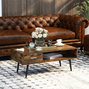 Retro coffee table with storage shelf and drawer, rustic brown