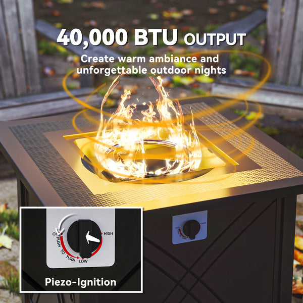 28" Square 40,000 BTU Propane Fire Pit Table with Waterproof Cover and Adjustable Footrests