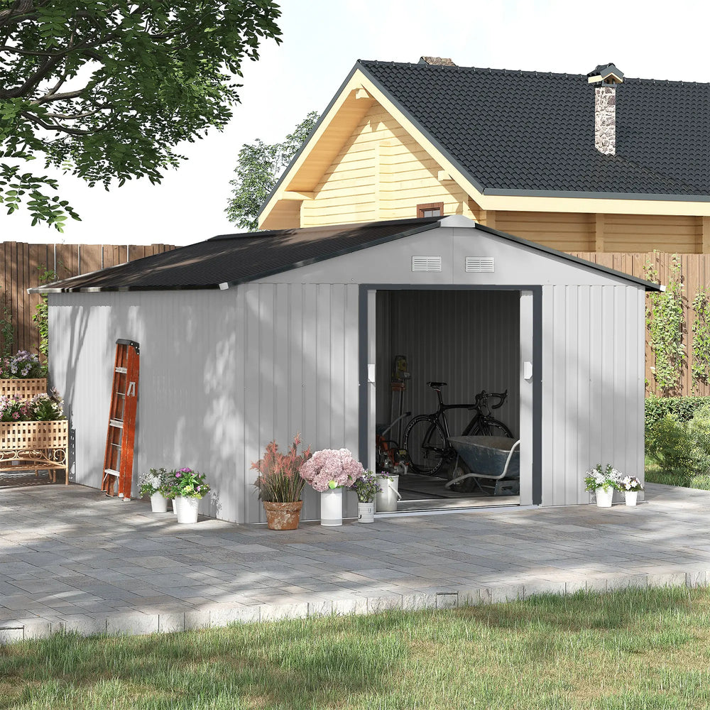 11' x 13' Garden Shed with Foundation Kit, Metal with Double Doors, White