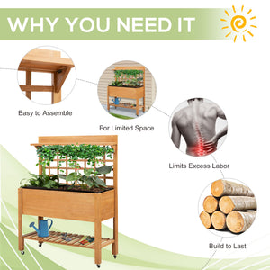 Raised wooden planter with shelf and casters