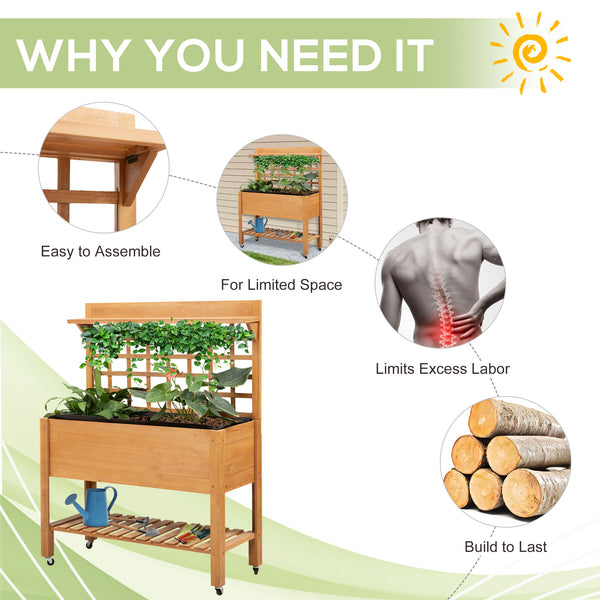 Raised wooden planter with shelf and casters