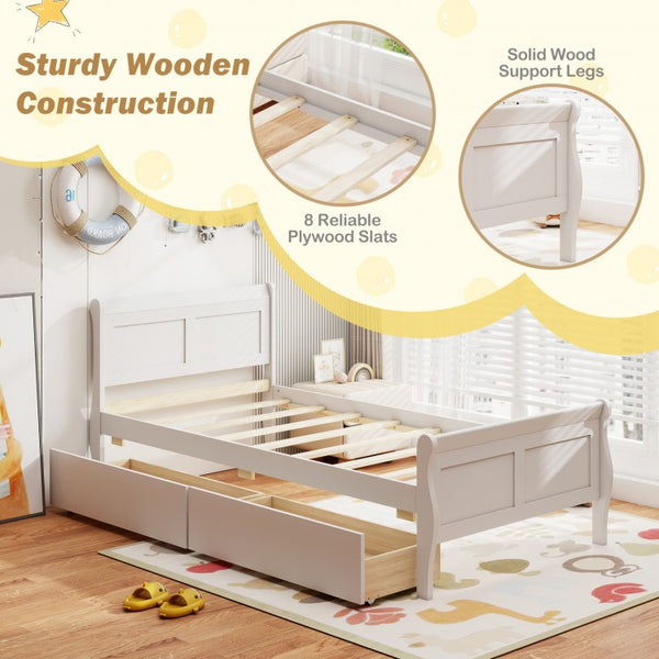 Single bed with 2 storage drawers, wooden platform bed frame