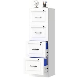4-drawer vertical filing cabinet with lock, equipped with adjustable hanging rails for A4 and Letter sizes, white.
