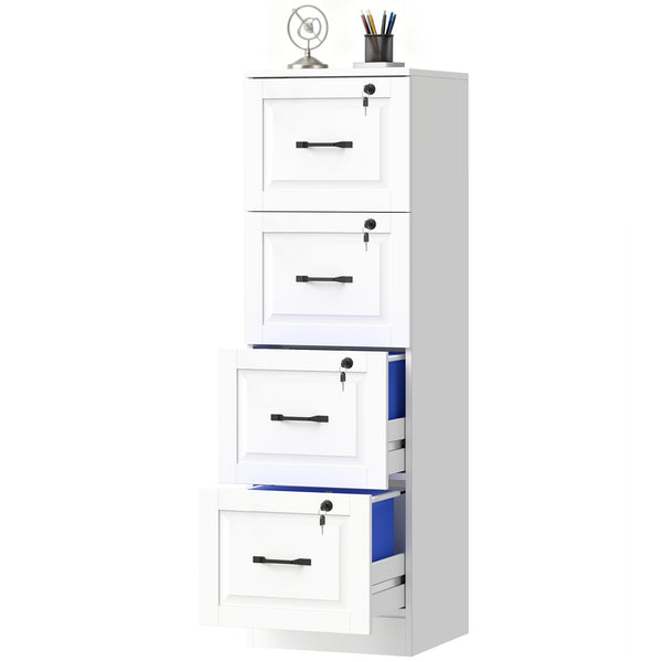 4-drawer vertical filing cabinet with lock, equipped with adjustable hanging rails for A4 and Letter sizes, white.