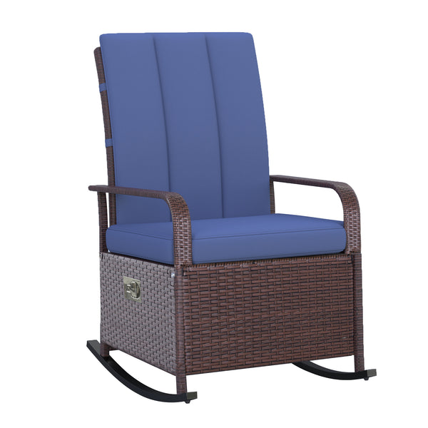 Outdoor reclining rocking chair in woven resin with cushion, dark blue