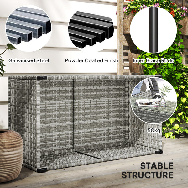 Wicker Outdoor Coffee Table, PE Wicker Rectangular Patio Table with Tempered Glass Top for Garden, Balcony, Light Grey