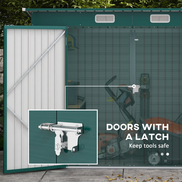 Galvanized metal garden shed with double door and 2 vents, green