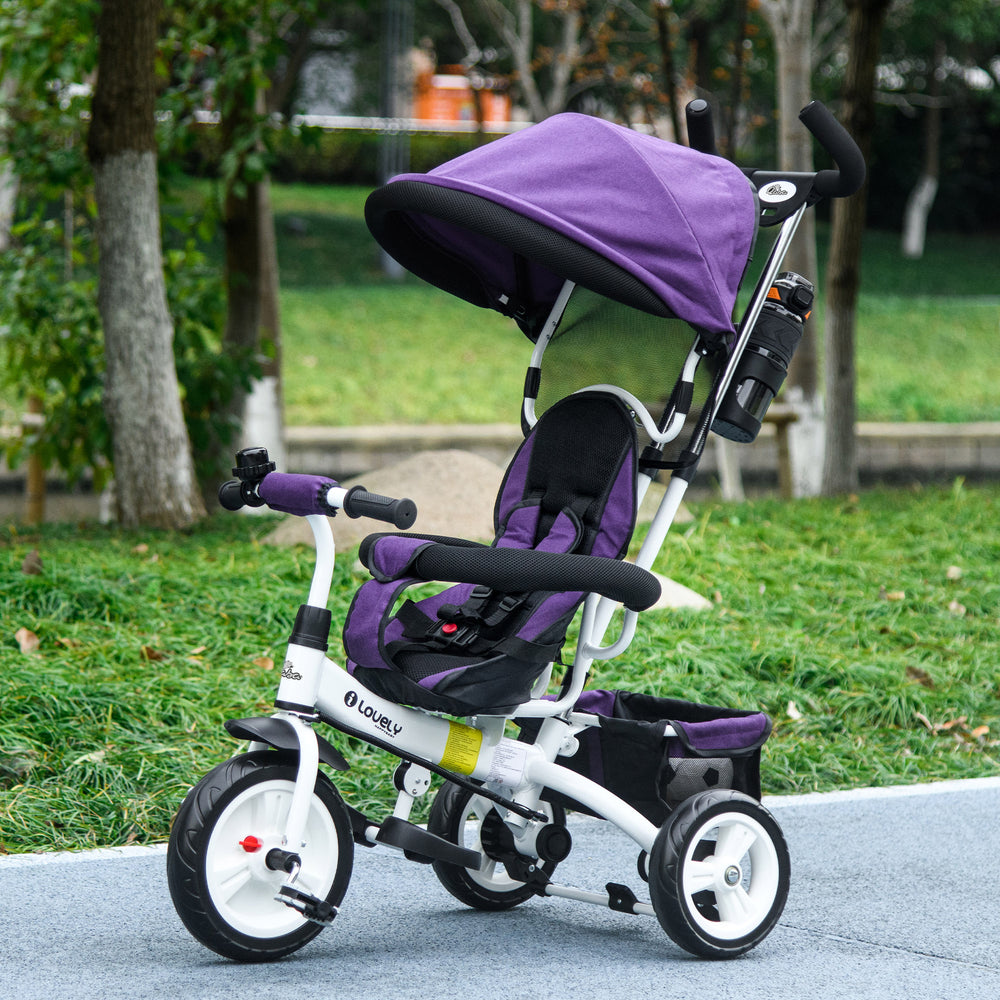 6 in 1 Tricycle with Basket, Canopy, 5-Point Safety Harness, Purple