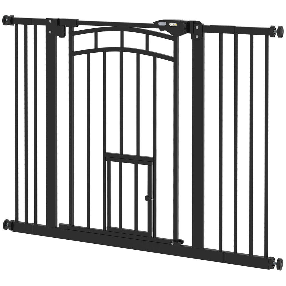Self-closing pet gate with cat flap, black