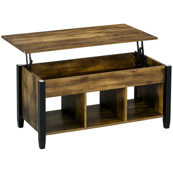 Lift-top coffee table with hidden storage compartment, 3 lower shelves, rustic brown