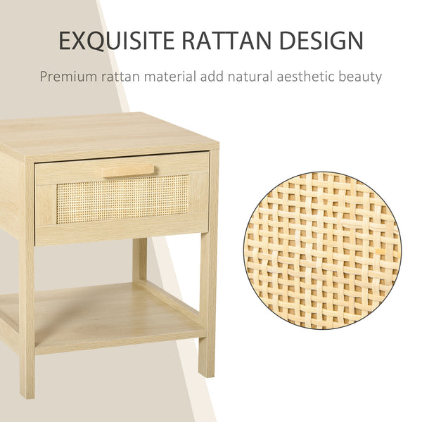 Narrow bedside table with rattan elements