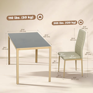 5-piece rectangular glass kitchen table and chairs set with metal frame and faux leather upholstery