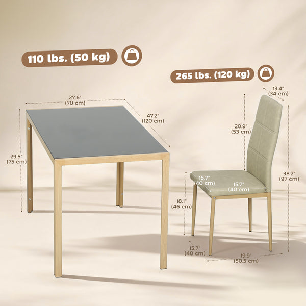 5-piece rectangular glass kitchen table and chairs set with metal frame and faux leather upholstery