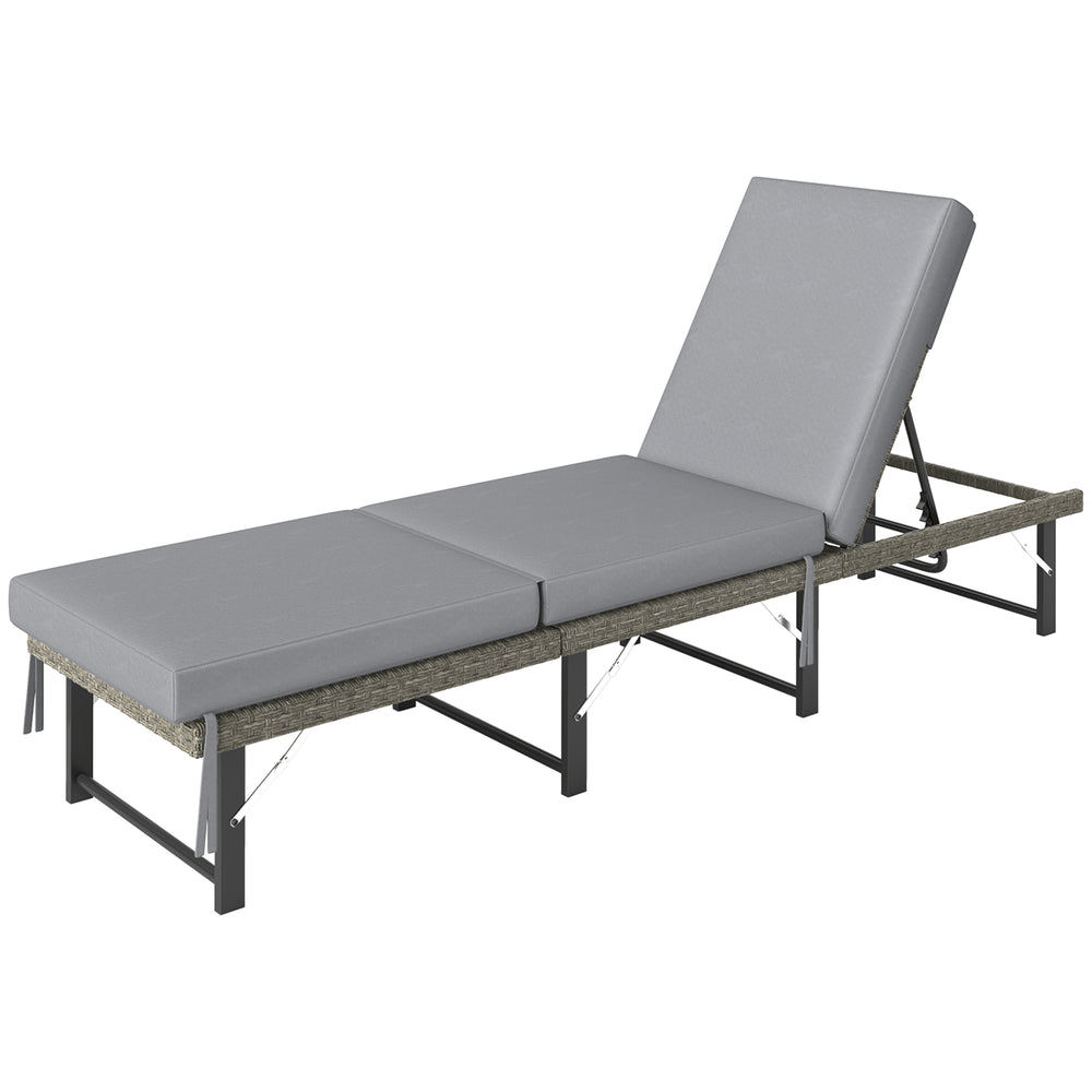 Folding Outdoor Lounge Chair, Wicker Chaise Lounge Tanning Chair with Cushion for Beach, Poolside, Garden, Grey