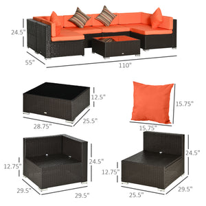 Modular 7-piece garden set in woven resin with coffee table, orange