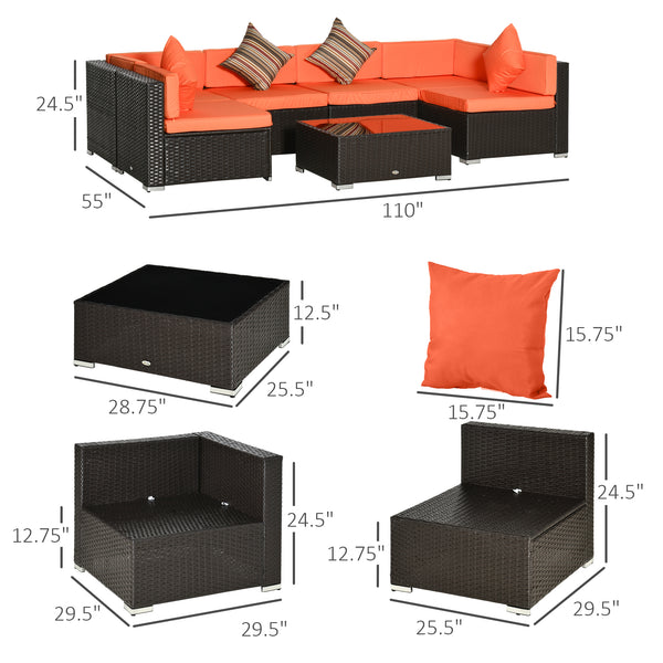 Modular 7-piece garden set in woven resin with coffee table, orange
