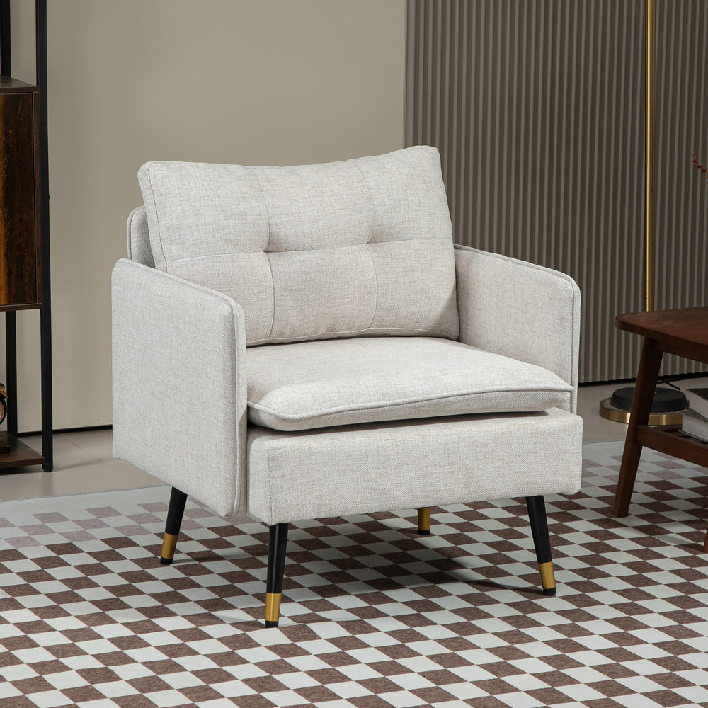 Modern upholstered accent chair with tufted back and steel legs, cream white