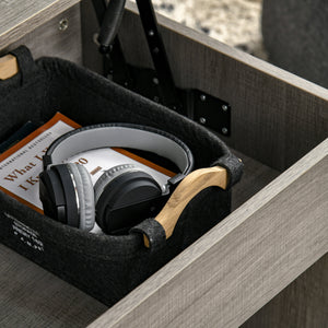 Lift-up coffee table with hidden compartment and 3 lower shelves, grey