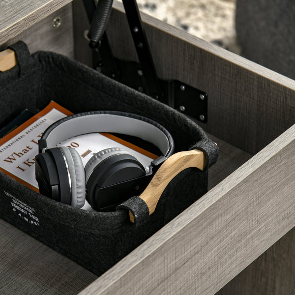 Lift-up coffee table with hidden compartment and 3 lower shelves, grey