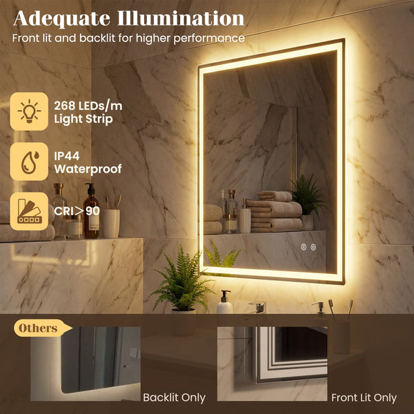 Miroir de salle de bain LED 24 x 32 pouces avec éclairage frontal et éclairage arrière
