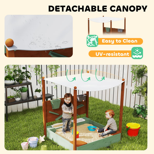 Children's wooden sandbox with canopy, green