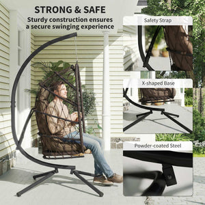 Suspended armchair with stand, in woven rattan with thick cushion and safety rope, brown