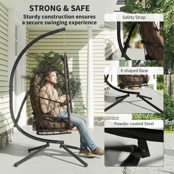 Suspended armchair with stand, in woven rattan with thick cushion and safety rope, brown