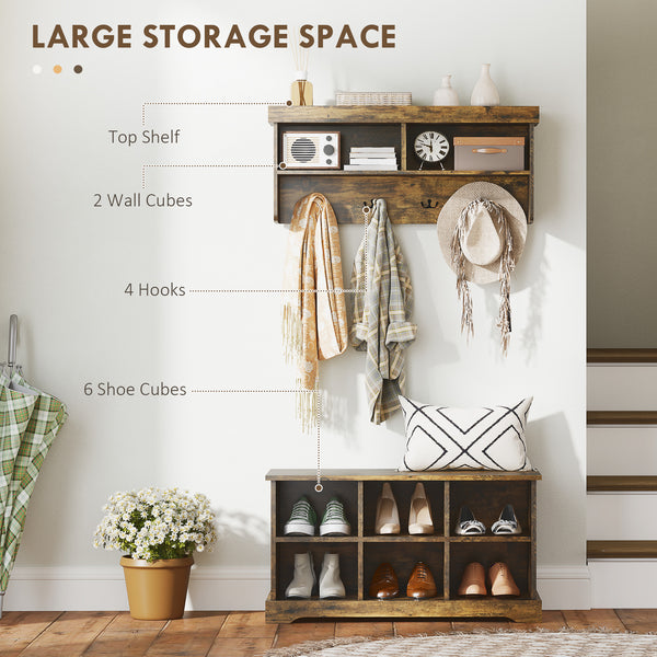 Rustic Brown Coat Rack and Shoe Bench Set