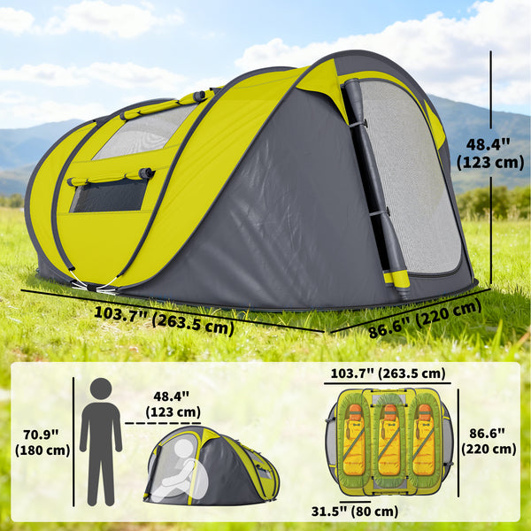 Tente de camping 4 personnes, montage instantané facile avec portes, fenêtres et sac de transport, jaune