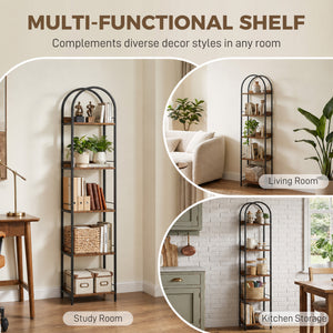 Narrow 5-tier arched bookshelf with metal frame – Rustic brown and black