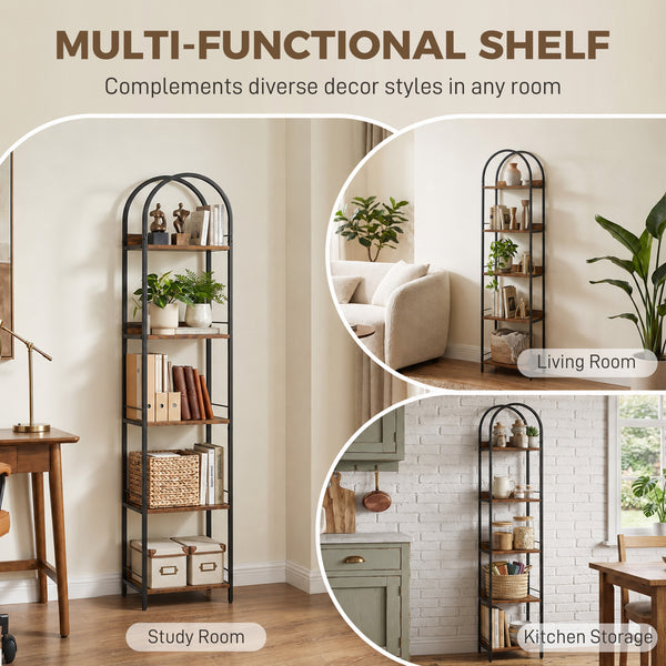 Narrow 5-tier arched bookshelf with metal frame – Rustic brown and black