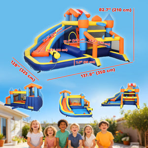 Inflatable bouncy castle for children with slide, ball pit, climbing wall and blower