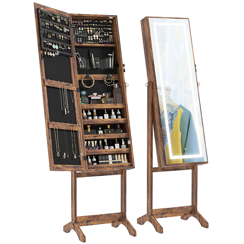 Lockable Jewelry Cabinet with LED Lighting and Storage, Rustic Brown