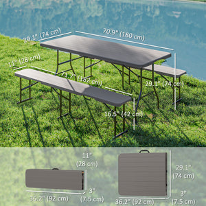 Foldable camping table and benches set with carry handles, brown