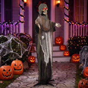 5.6-ft Animated Chained Reaper with LED Eyes, Sounds, and Motion – Black, White, and Brown