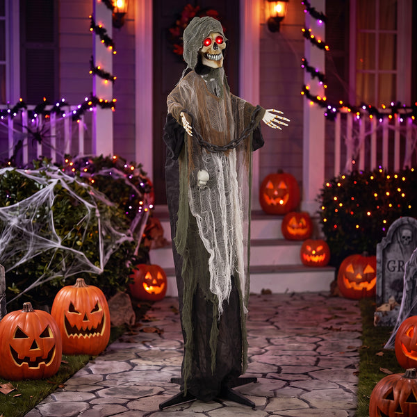 5.6-ft Animated Chained Reaper with LED Eyes, Sounds, and Motion – Black, White, and Brown