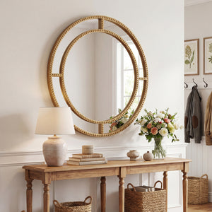 Miroir mural rond doré de 28 pouces avec cadre perlé pour salon et entrée - Doré
