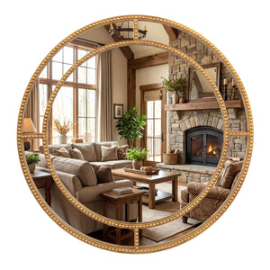 Miroir mural rond doré de 28 pouces avec cadre perlé pour salon et entrée - Doré