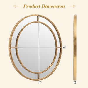 Miroir mural rond doré de 28 pouces avec cadre perlé pour salon et entrée - Doré
