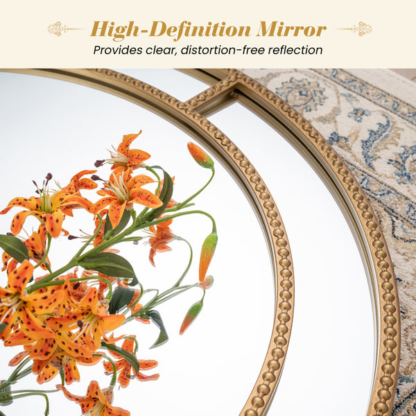 Miroir mural rond doré de 28 pouces avec cadre perlé pour salon et entrée - Doré