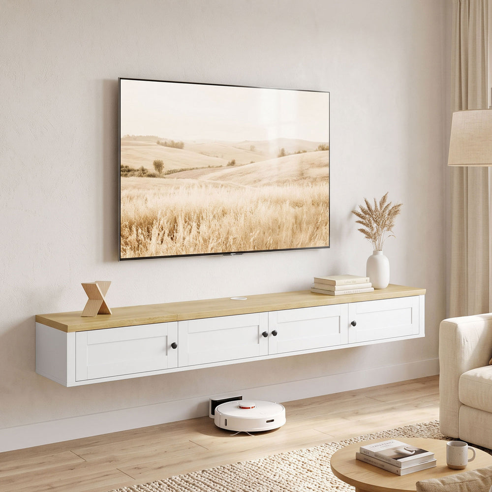 63" Floating Wall-Mounted TV Stand with Storage and Charging Station, White