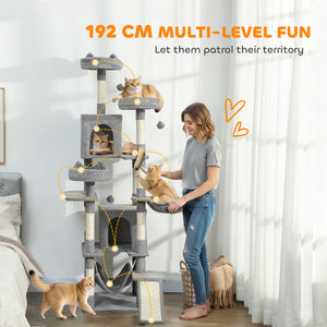 Large 193 cm cat tree with 8 scratching posts, 3 soft beds, 2 hammocks, 2 large shelters and a ramp, light grey
