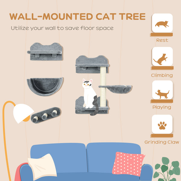 Wall-mounted cat shelves including a hammock and scratching post, grey