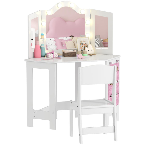 Dressing table and chairs set with lighting, tri-fold mirror, white