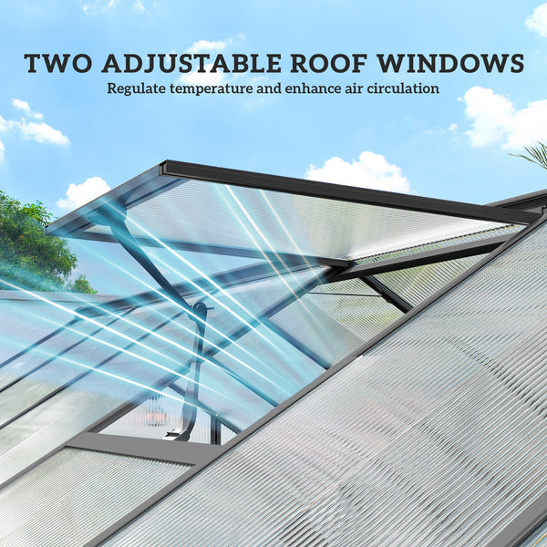 Ground-floor greenhouse with two skylights, gutter and hinged door, dark grey