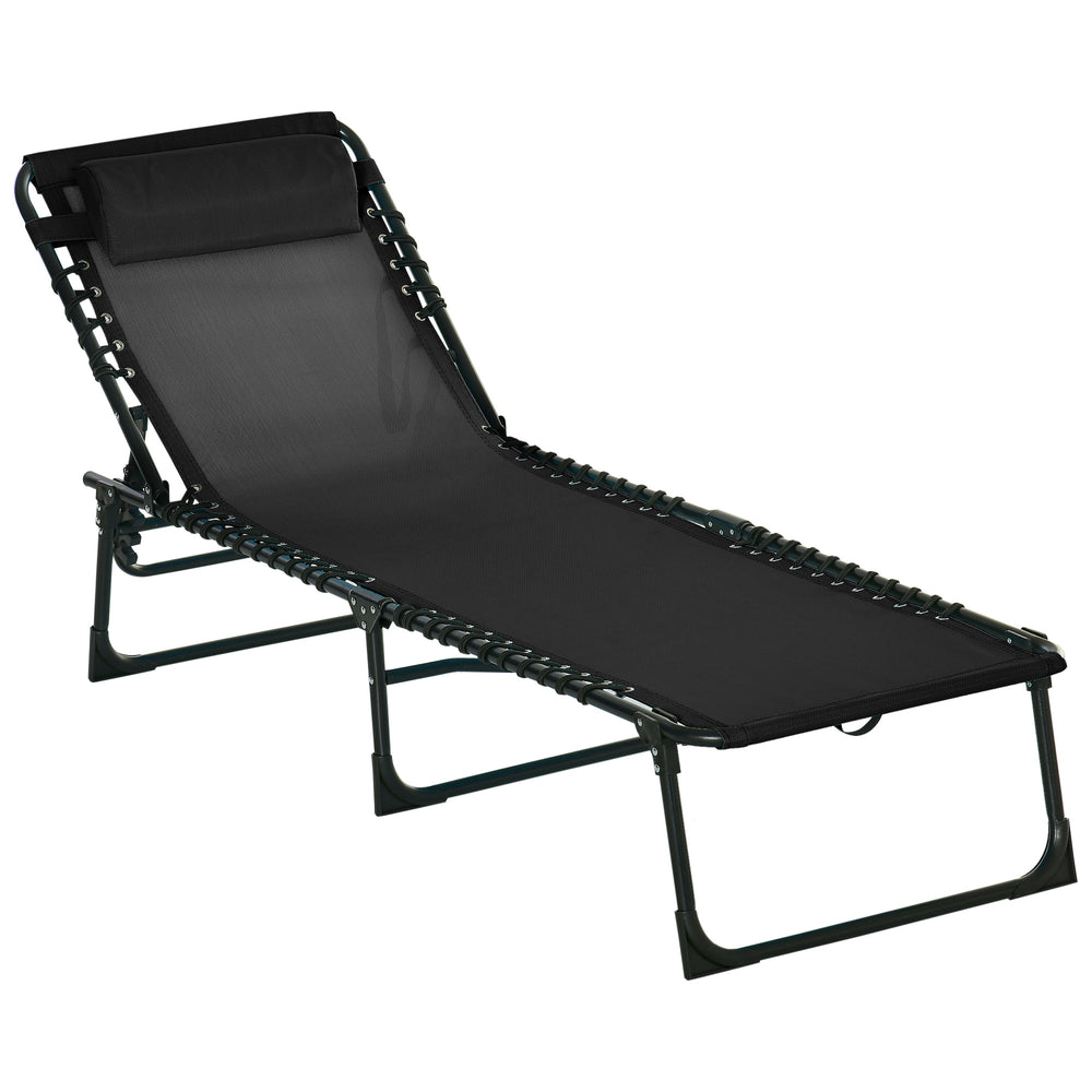 Black outdoor folding chaise lounge, adjustable to 4 positions with headrest.