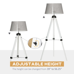 Adjustable height wooden tripod floor lamp, white and grey