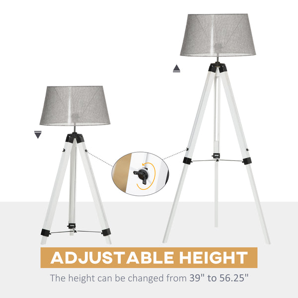 Adjustable height wooden tripod floor lamp, white and grey