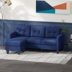 3-seater L-shaped corner sofa with ottoman, thick cushion and wooden legs, dark blue